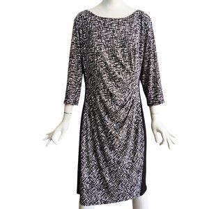 LAUREN Ralph Lauren Black White Abstract Art Print Ruched Jersey Dress Sz 16